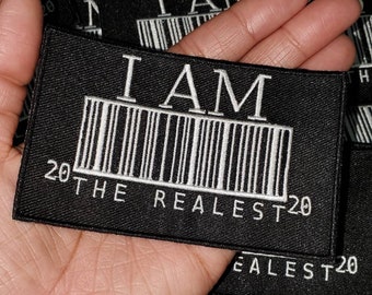 Nouveauté, écusson « I Am the Realest 20|20 » avec code-barres, appliqué thermocollant brodé ; Patch pour vêtements, taille 3", Patch noir et blanc