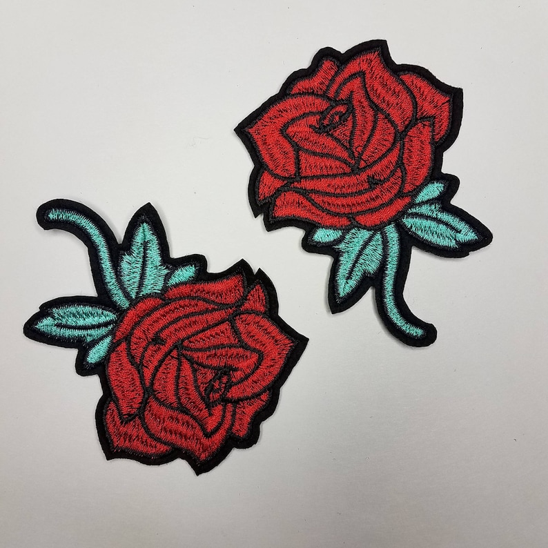 matching embroidered iron-on floral patches Flower Patches Red Rose Buds with teal stems Rose Embroider size 3-inches Floral 2 pc set