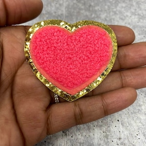 Nuevo: Parche de chenilla "Corazón" rosa neón, 1 pieza, con purpurina dorada, tamaño 2.5", insignia "Love", parche de corazón con reverso termoadhesivo, aplique afelpado, parche DIY