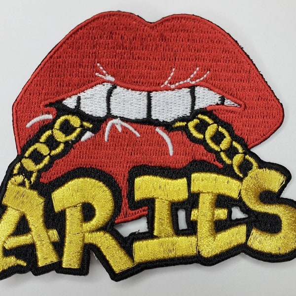 Poppin' Red Lip "Aries" w/Gold Metallic Chain|Iron-On Embroidered Patch|Astrology Zodiac Patch|DIY Patch for Jackets & Hats, Size 4"