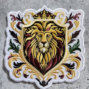 Heraldic Patch,(1-pc) "Regal Crest Lion" and Fleur-de-Lis Embroidered Patch, 5" with Iron-On Backing, for Jackets, Bags, and More