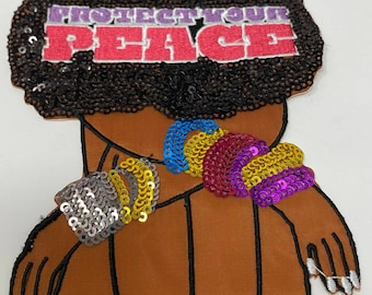 New, &quot;Protect Your Peace&quot; Sequins, Embroidery, & Satin, 6&quot; Patch, Iron-on Exclusive Applique, Large Back Patch, Sequins Patch, Jacket Patch