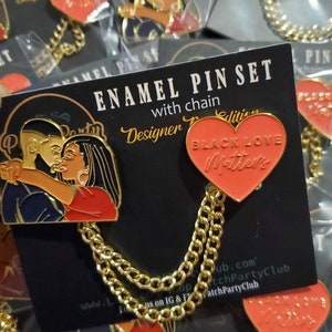 New Arrival, &quot;Black Love Matters&quot; Designer Enamel Pin Set, Gold Chains & Gold Plating, Size 1.75&quot;, w/Butterfly Clutch, Chained Lapel Pins