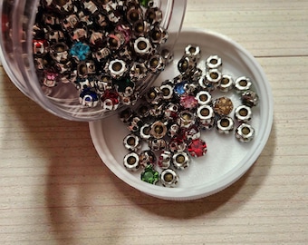 Bulk: 4oz JAR, 6mm "Rhinestone" ASSORTED Colors, Bling Rivets w/ Pins for Pearl Setting Machine, Easy to Apply, Great For Denim, Bags