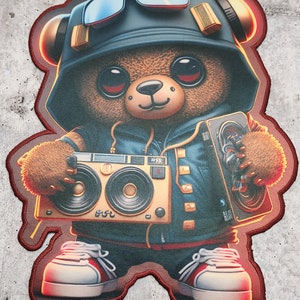 Luxury Collection: "Boomin' Boombox TEDDY BEAR," Sz 12", 1-pc, Digital Patch w/ Embroidered Satin Border & Iron-On Backing, Patch for Jacket