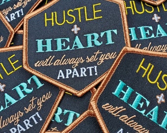 New Design, Dark Brown Embroidered Entrepreneur Patch, Iron-on "Hustle plus Heart" Badge, Cool Appliques and Patches, Size 3"x3", Logo Cut