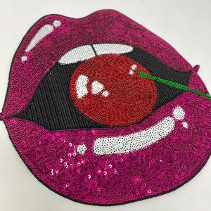NEW, Sequins Pink Lips W/ Red Cherry Patch (iron-on) Size 9&quot;, LARGE Patch Perfect for Denim Jacket, Shirts, Hoodies, and More