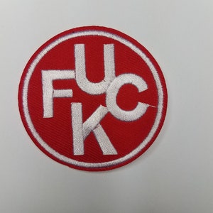 Parche vintage de 2 piezas, rojo y blanco, con la frase "F C U K", círculo de 6,35 cm, bordado para planchar.