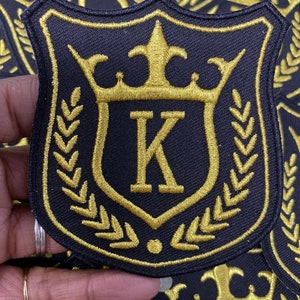 Heraldic, Gold Royal &quot;K&quot; (KING), 1-pc, Metallic Royalty Crest, Size 3.5&quot;, Iron-on Embroidered Patch, Patch for Men, Jackets, Hats, and More