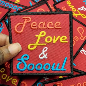 Fun, Colorful 3x3-inch Embroidered Patch, "Peace, Love, Soooul" Iron-on Applique, DIY Jackets, Hats, and Bags