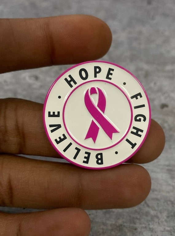 New, Breast Cancer Awareness, Enamel Pin "Hope, Fight, Believe" Pink & White, Exclusive Lapel Pin, Size 1.77 inches, w/Butterfly Clutch