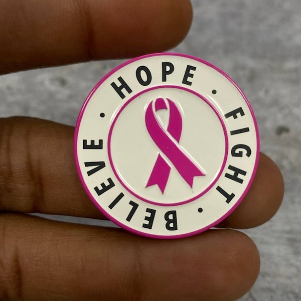 New, Breast Cancer Awareness, Enamel Pin "Hope, Fight, Believe" Pink & White, Exclusive Lapel Pin, Size 1.77 inches, w/Butterfly Clutch