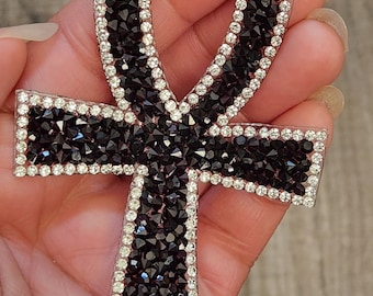 Rhinestone Patch, "4" Rhinestone "Ankh"  Patch, (1-pc) Black with Crystal Clear Czech Rhinestones, Patch for Clothing and More