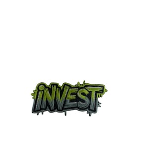May include: An embroidered patch featuring the word INVEST in a stylized graffiti font. The lettering transitions from a bright lime green at the top to a dark charcoal gray at the bottom, outlined with a thick black border and jagged edges.
