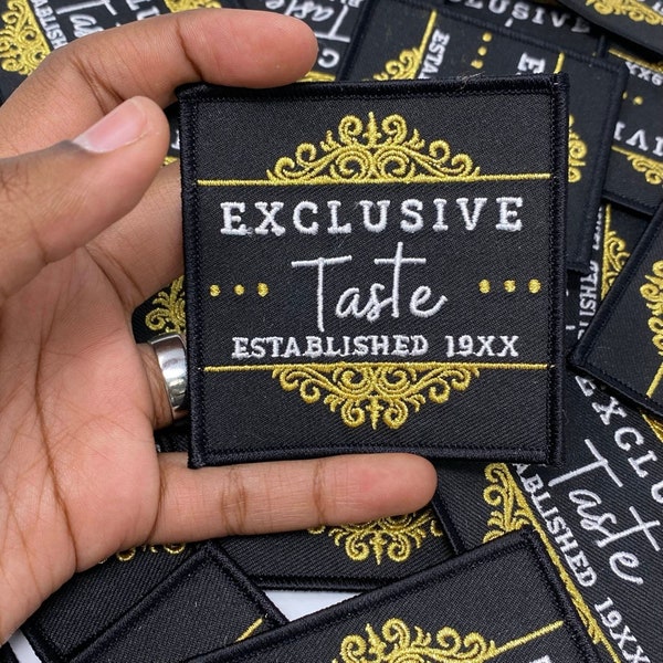 New Arrival, "Exclusive Taste, Established 19XX", 3" inch, Diy Applique, Iron-on Patch, Jacket Patch, Black & Metallic Gold, Embroidered