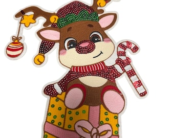 Patch Party Club (1Pc.) 11 inch Christmas Reindeer Iron-On Patch, Sequin Holiday Deer Applique, Candy Cane Gift Patch, DIY Jacket Decor
