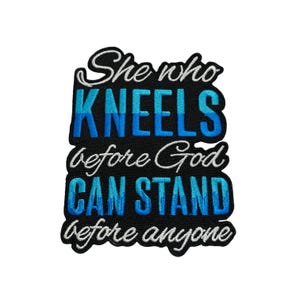 Patch Party Club, 1-pc "She Who Kneels..."  Sz 4" x 3.75" Iron-on Embroidered Patch for Hats, Gifts for Crafters, DIY, Jackets, Socks & More