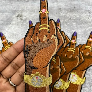 Exclusive, &quot;Middle Fingers Up&quot;(1-pc), Gold Watch & Rings, Iron-on Embroidered Patch, Exclusive Appliques, Size 6&quot;, Cool Patch for Backpack