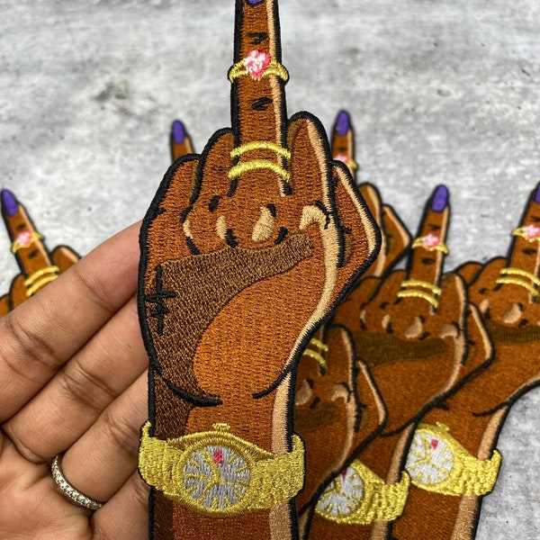 Exclusive, "Middle Fingers Up"(1-pc), Gold Watch & Rings, Iron-on Embroidered Patch, Exclusive Appliques, Size 6", Cool Patch for Backpack