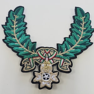 Heraldischer, gefiederter Flügel Royalty Crest, Gold Metallic, Grün, und Schwarz Emblem Patch, DIY, Gesticktes Applikations-Eisen auf Patch, Größe 6 &quot;