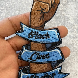 NEW, Black Lives Matter Fist (Blue Ribbon), Exclusive Afrocentric Patch, Size 4.5 x 2.5'', Iron-on Patch, Conscious Gifts, Juneteenth, BLM