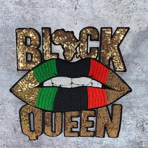 New, Sequins,"Black Queen" Gold/Green/Black/Red Lips, (iron-on) Size 10.5", LARGE Bling Patch for Denim Jacket, Shirts, Hoodies, and More