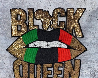 New, Sequins,&quot;Black Queen&quot; Gold/Green/Black/Red Lips, (iron-on) Size 10.5&quot;, LARGE Bling Patch for Denim Jacket, Shirts, Hoodies, and More