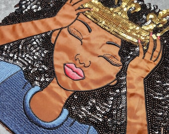 New, &quot;Adjust Your Crown Queen&quot; Sequins, Embroidery, & Satin, 10.5&#39;&#39; Patch, Iron-on Exclusive Applique, Large Back Patch, Sequins Patch