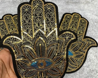 Exclusive, "Golden Hamsa Blue Eye Patch," Sequins Iron-on Patch, Bling Patch, DIY Applique; Vintage Patch, Sz 10.5", Eye of Protection, 1-pc