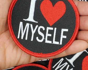 NEW w/Red Border, Affirmation Badge,"I Love Myself" Circular Emblem, Iron on Patch, Positive Vibes Applique, Patch for Clothing, Size 3"