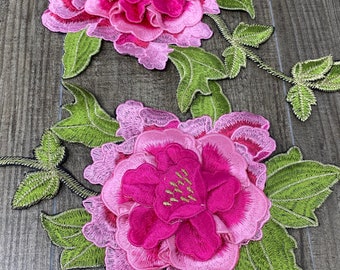 NEW, 2 pc set, 3D Peony Lace Flowers "DOUBLE PINK w/Stem" Flowers (Size 8"), Matching Lace Sew-on Floral Patches,  Flower Patches