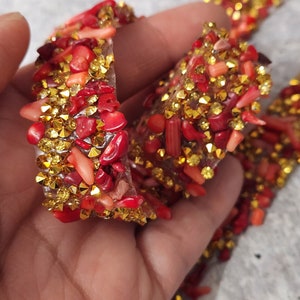 Patch Party Club, RED Beaded Rhinestone TRIM By The Yard, Adhesive Backed, Iron-on Trim for Clothing & Accessories, 1 Yard DIY Bling Hot-fix