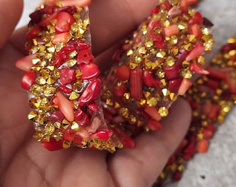 Patch Party Club, RED Beaded Rhinestone TRIM By The Yard, Adhesive Backed, Iron-on Trim for Clothing & Accessories, 1 Yard DIY Bling Hot-fix