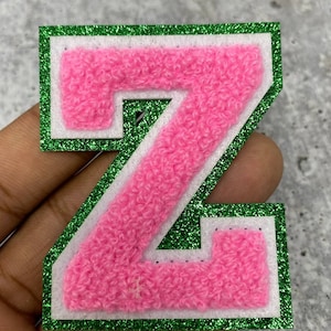 New Arrival, PINK Chenille, Green Glitter, w/ White Felt, Size 2.75" Varsity Letter Patch with Iron-on Backing, Chenille Letters, A-Z Letter