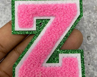 New Arrival, PINK Chenille, Green Glitter, w/ White Felt, Size 2.75&quot; Varsity Letter Patch with Iron-on Backing, Chenille Letters, A-Z Letter