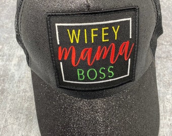 Exclusive “Wifey, Mama, Boss" Black Glitter Messy Bun/Ponytail Hat, Glitter Hat, Sparkling Bad Hair Day Hat, Gift for Her, Fashionable Hat