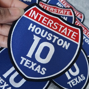 Collectable 1-pc, &quot;HOUSTON 4&quot; Interstate 10&quot; Iron-On Embroidered Patch; Popular Texas Emblem, Red/White/Blue Badge, 1-pc, Patch for Jackets