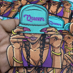 New Arrival, Turquoise Hat &quot;Queen&quot; Iron-on Patch, Embroidered Afrocentric Patch| Beautiful Black Queen|Jacket Patch|DIY Applique| Size 4&quot;