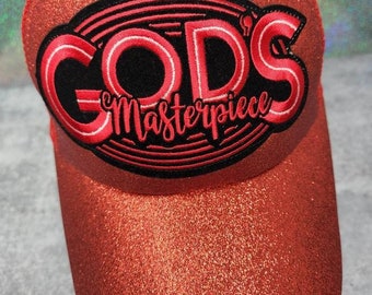 Exclusive,"God's Masterpiece" RED Glitter Messy Bun/Ponytail Hat, Glitter Hat, Sparkling Bad Hair Day Hat, Gift for Her, Baseball Cap