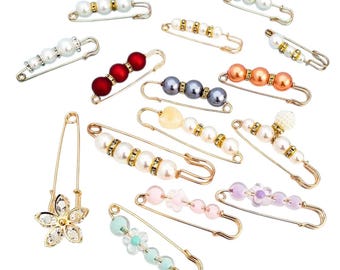 Patch Party Club® Luxe Safety Pin Brooch Bundle, 15 Pc Assorted Mix, Designer Brooches for Clothing & Accessories, Size 3", Alloy Pins