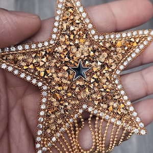 Exclusive, Gold 1-pc &quot;Star&quot; Rhinestone Dangling Chain Patch, Size 3&quot; w/Tassels, Cool Applique For Clothing, Iron-on Patch, Sparkling Patches