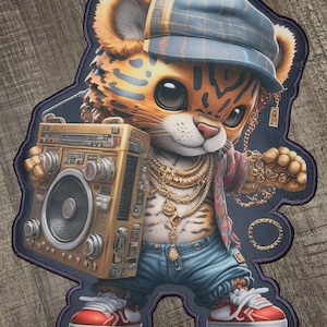 May include: A cartoon tiger wearing a blue and white plaid hat, gold chains, and blue jeans holds a gold boombox. The tiger has a red and white sneaker on each foot.