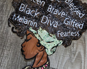 New, SEQUINS & Satin "Empowering Locs" Large 12" Patch, Iron-on Applique, Bling Patch for Camo Jackets, Denim Jackets, Hoodies and More