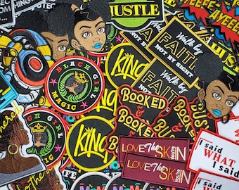Mystery Box, Assorted Patch Gift Box | Afrocentric Patches, Flowers, Quotes, Animals, Sequins, Enamel Pins & Novelty Patches for Jackets