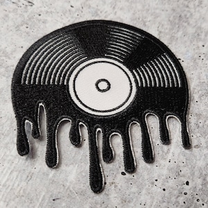 Patch Party Club, nostalgisch (1 stuk) 'druipend vinyl' muziekliefhebbers patch, opstrijkbare geborduurde badge, maat 4", jassen, hoeden, schoenen