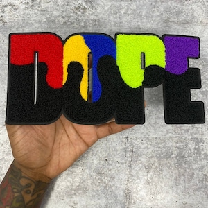 NEW, Large, 1-pc Colorful &quot;DOPE&quot; Chenille Iron On Patch, Size 9&quot;x5&quot;, Large Patch for Varsity Jackets, Denim Jackets, Shirts, & Hoodies