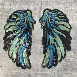 Multi-Color &quot;Denim Blue Kaleidoscope&quot; Exclusive Sequins Angel Wings, Large Wings (iron-on) Size 10&quot;x5.5&quot;, Sparkly Patch for Denim Jacket