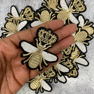 Small &quot;Bee w/Crown&quot; 1-pc,  Metallic Gold, Jacket Patch, Embroidered Applique Iron On Patch, Size 1.75&quot;, Patch for Hats and Crocs