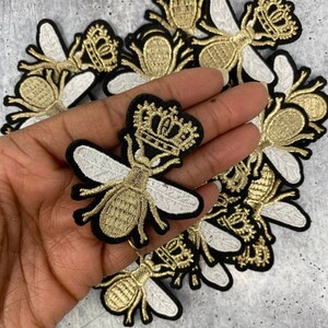 Small "Bee w/Crown" 1-pc,  Metallic Gold, Jacket Patch, Embroidered Applique Iron On Patch, Size 1.75", Patch for Hats and Crocs