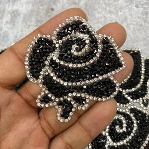 NEW Arrival, 2Pc. Set,Blinged Out BLACK, "Onyx Roses" Rhinestone Patch with Adhesive, Size 2.5" Czech Rhinestones,DIY Applique